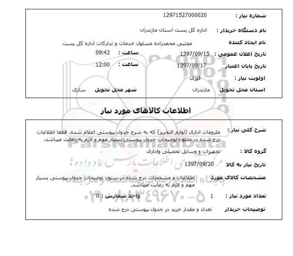 استعلام, ملزومات اداری (لوازم التحریر) 