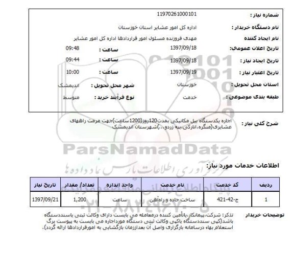 استعلام, اجاره یک دستگاه بیل مکانیکی