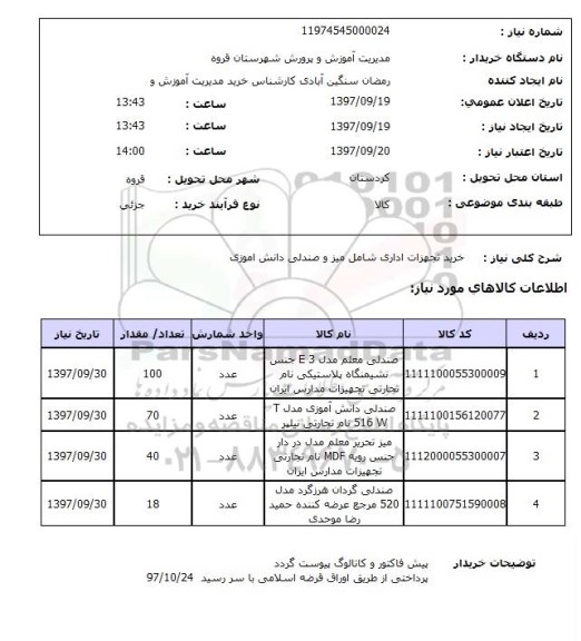 استعلام, استعلام  خرید تجهیزات اداری شامل میز و صندلی دانش آموزی