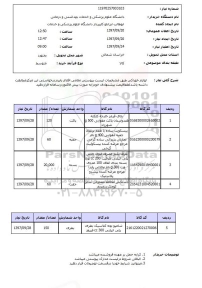 استعلام, استعلام لوازم خوراکی 