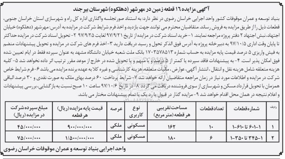 مزایده ،مزایده فروش 16 قطعه زمین کاربری مسکونی 