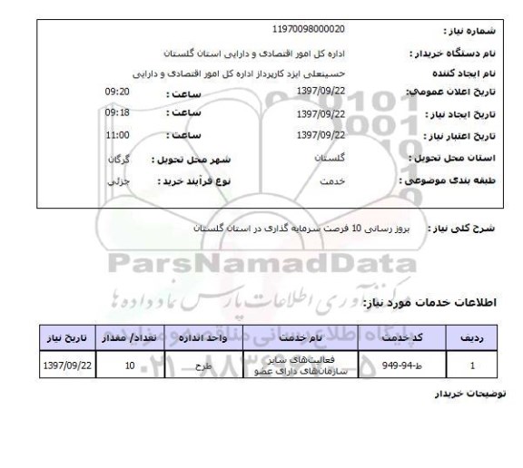 استعلام, استعلام بروز رسانی 10 فرصت سرمایه گذاری در استان