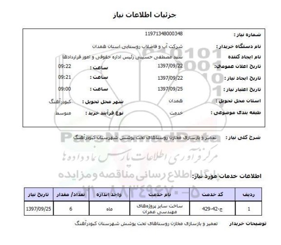 استعلام, تعمیر و بازسازی مخازن روستاهای 