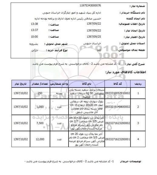 استعلام, سیمان، بلوک دیواری و ...