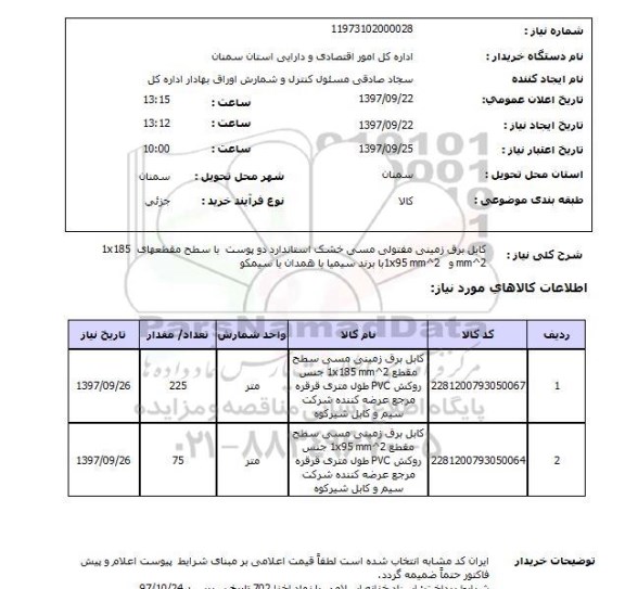 استعلام,استعلام کابل زمینی مفتولی مسی خشک استاندارد 