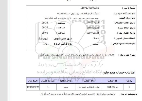 استعلام, جابجایی و راه اندازی ترانس و تابلو برق روستای