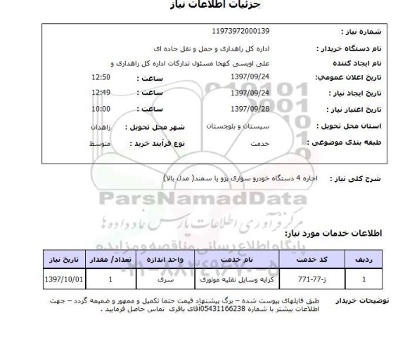 استعلام; استعلام اجاره 4 دستگاه خودرو سواری ...