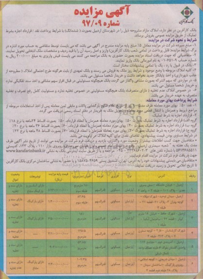 مزایده،  مزایده فروش املاک مازاد کاربری آپارتمان مسکونی شماره 97/09 