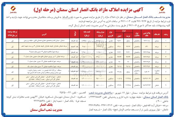 مزایده  ، مزایده فروش املاک مازاد کاربری تجاری و مسکونی مرحله اول 