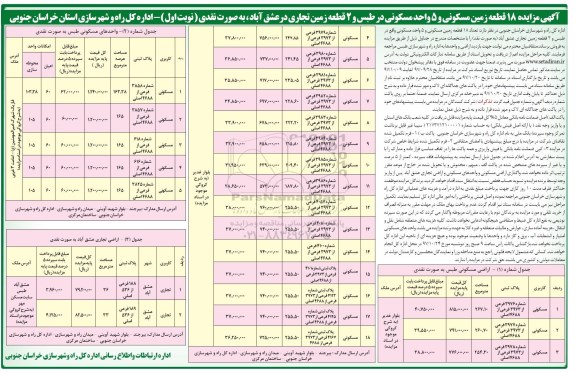 مزایده, مزایده 18 قطعه زمین مسکونی و 5 واحد مسکونی و 2 قطعه تجاری 