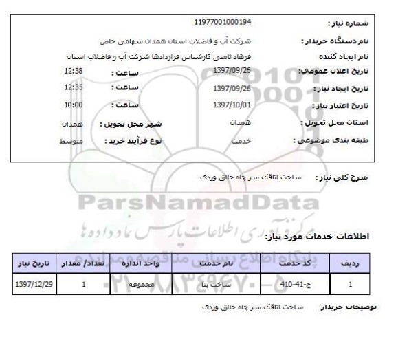 استعلام, استعلام ساخت اتاقک سرچاه