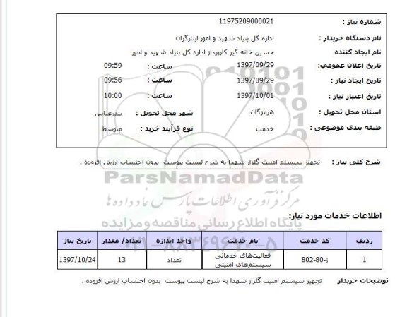 استعلام, تجهیز سیستم امنیت گلزار شهدا