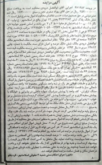 مزایده،مزایده ششدانگ پلاک ثبتی مساحت 81.23 مترمربع  