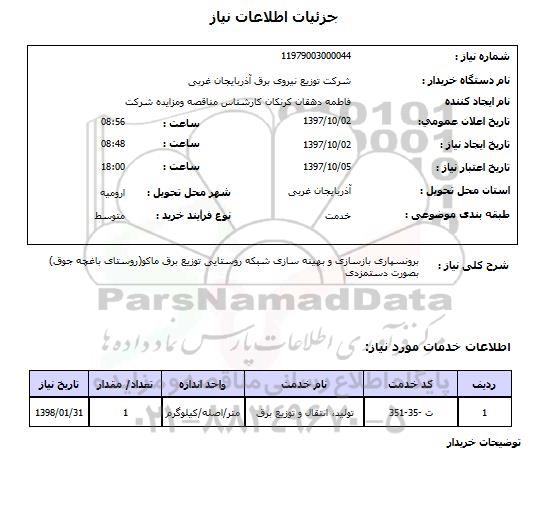 استعلام , استعلام برونسپاری بازسازی و بهینه سازی شبکه روستایی توزیع برق ...