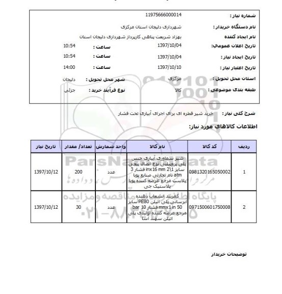 استعلام, خرید شیر قطره ای برای اجرای آبیاری تحت فشار 