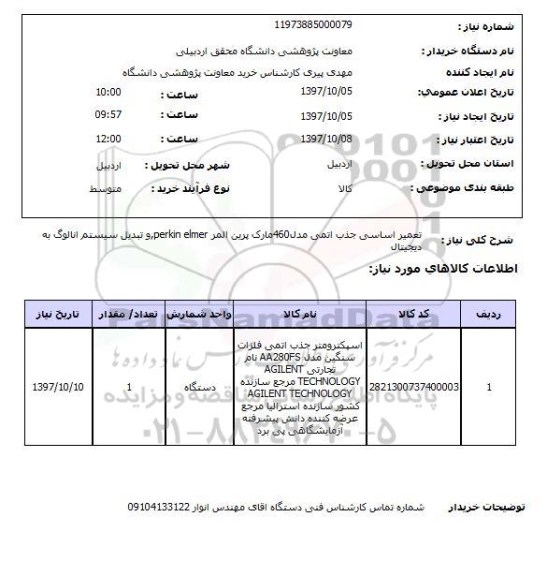 استعلام, استعلام تعمیر اساسی جذب اتمی مدل 460