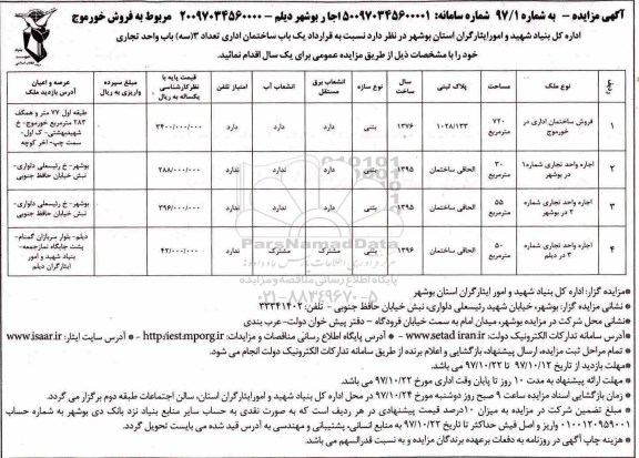 مزایده, مزایده یک باب ساختمان اداری تعداد 3 (سه) باب واحد تجاری 