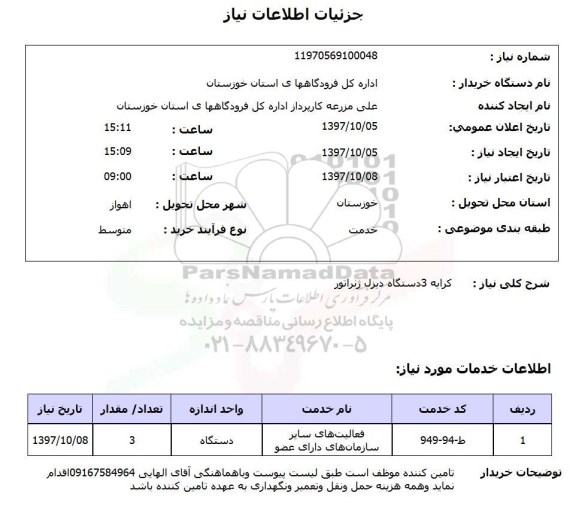 استعلام, استعلام کرایه 3 دستگاه دیزل ژنراتور 