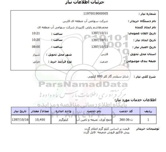 استعلام, استعلام  شارژ سیلندر گاز کلر