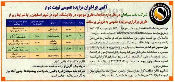 مزایده, مزایده ضایعات آهن و ... - نوبت دوم 