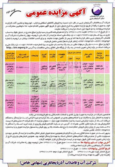 آگهی مزایده عمومی, مزایده فروش کالاهای اسقاطی و ناباب، خودروها و ماشین آلات کار کرده  - نوبت دوم 