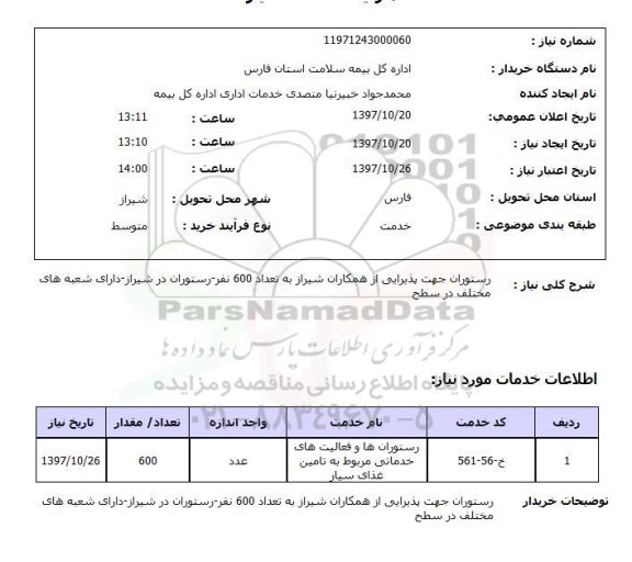 استعلام,رستوران جهت پذیرایی