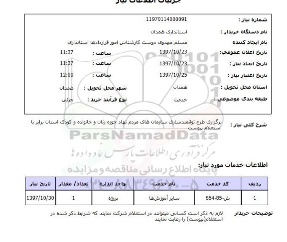 استعلام, برگزاری طرح توانمندسازی سازمان های مردم نهاد حوزه زنان و خانواده و ...