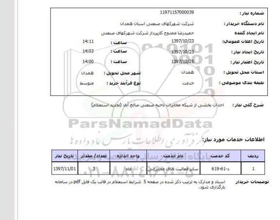 استعلام, استعلام احداث بخشی از شبکه مخابرات