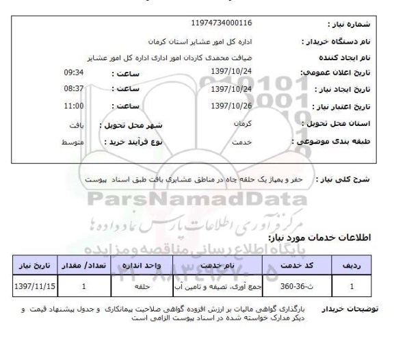 استعلام, حفر و پمپاژ یک حلقه چاه در مناطق عشایری