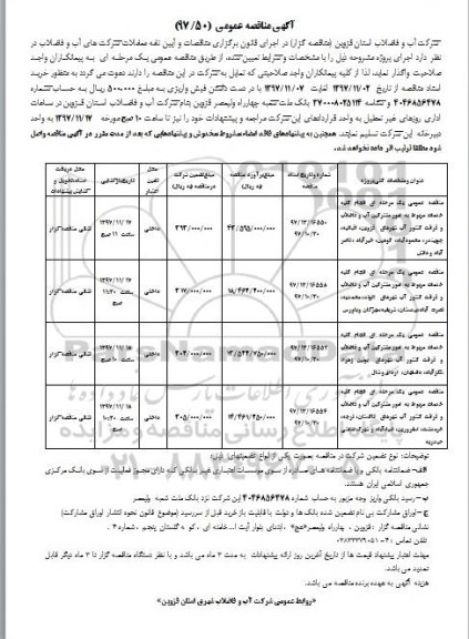 آگهی مناقصه عمومی, مناقصه انجام کلیه خدمات مربوط به امور مشترکین آب و فاضلاب و قرائت کنتور و...