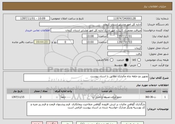 استعلام تجهیز دو حلقه چاه مالداری مطابق با اسناد پیوست