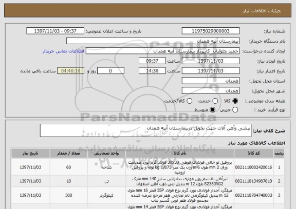 استعلام نبشی وآهن آلات جهت تحوبل دربیمارستان آتیه همدان