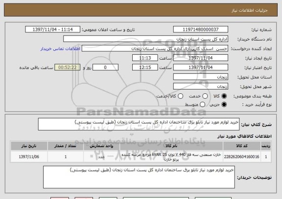 استعلام خرید لوازم مورد نیاز تابلو برق ساختمان اداره کل پست استان زنجان (طبق لیست پیوستی)