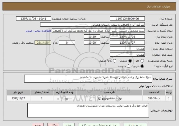 استعلام اجرای خط برق و نصب ترانس روستای نهران شهرستان همدان