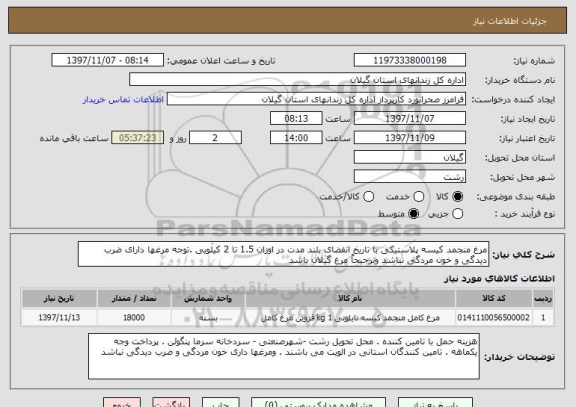 استعلام مرغ منجمد کیسه پلاستیکی با تاریخ انفضای بلند مدت در اوزان 1.5 تا 2 کیلویی .توجه مرغها دارای ضرب دیدگی و خون مردگی نباشد وترجیحاً مرغ گیلان باشد 