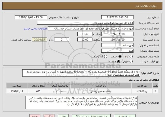 استعلام اجاره 1دستگاه لودر(حداقل90  )باراننده بمدت60روز(معادل600ساعت)جهت بازگشایی وریزش برداری جاده های عشایری شهرستان ایذه 