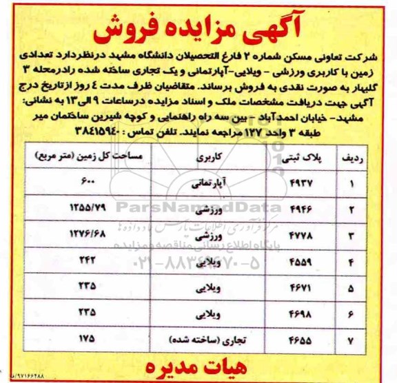 مزایده ،مزایده فروش زمین با کاربری وزرشی و ویلایی و آپارتمان و یک تجاری 