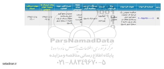 آگهی مناقصه, مناقصه عمومی عملیات جمع آوری و حمل پسماند و نظافت و رفت و روب ناحیه 1