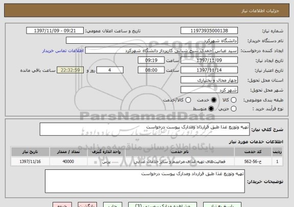 استعلام تهیه وتوزیع غذا طبق قرارداد ومدارک پیوست درخواست