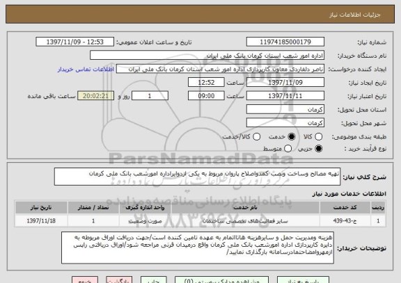 استعلام تهیه مصالح وساخت ونصب کمدواصلاح پاروان مربوط به یکی ازدوایراداره امورشعب بانک ملی کرمان