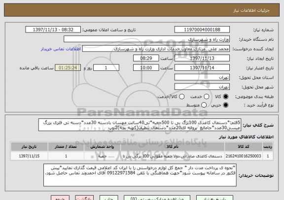 استعلام 5قلم:*دستمال کاغذی 100برگ بی تا 500جعبه*تی40سانت مهسان بادسته 30عدد*دسته تی فلزی بزرگ عیسی30عدد*جامایع  پروانه ای20عدد*دستمال تنظیف(کهنه بچه)2توپ