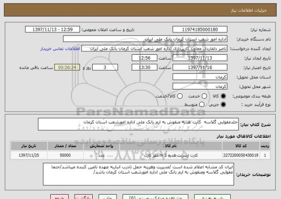 استعلام جلدمقوایی گلاسه  کارت هدیه منقوش به ارم بانک ملی اداره امورشعب استان کرمان 