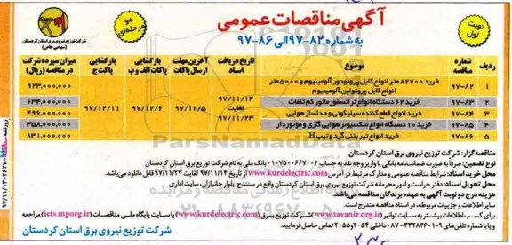 مناقصه مناقصه خرید 82700 متر انواع کابل و ...