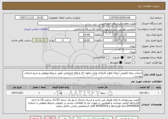 استعلام خدمات بیمه تکمیلی درمان جهت کارکنان وزارت تعاون کار و رفاه اجتماعی طبق شرایط عمومی و شرح خدمات پیوست .