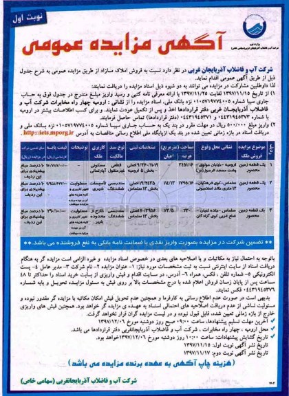 مزایده، مزایده فروش املاک مازاد  کاربری مسکونی و تاسیسات شهری نوبت اول 