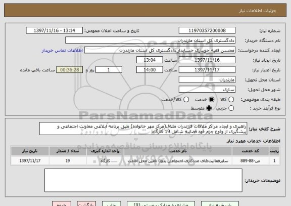 استعلام راهبری و ایجاد مراکز ملاقات فرزندران طلاق(مرکز مهر خانواده) طبق برنامه ابلاغی معاونت اجتماعی و پیشگیری از وقوع جرم قوه قضاییه شامل 19 کارگاه 