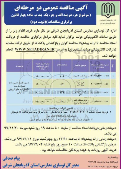 آگهی مناقصه عمومی, مناقصه خرید اقلام - نوبت دوم 