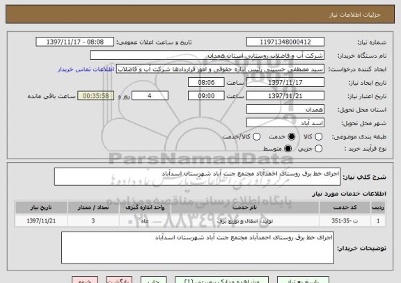 استعلام اجرای خط برق روستای احمدآباد مجتمع جنت آباد شهرستان اسدآباد