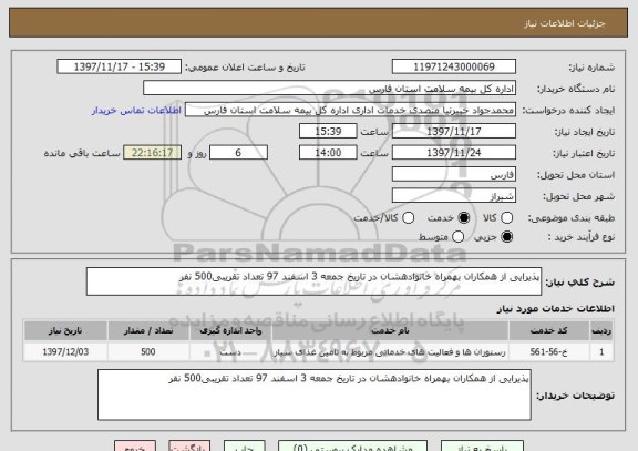 استعلام پذیرایی از همکاران بهمراه خانوادهشان در تاریخ جمعه 3 اسفند 97 تعداد تقریبی500 نفر