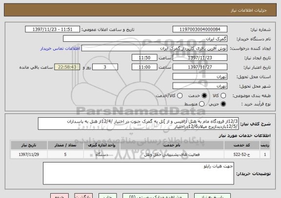 استعلام 12/3از فرودگاه مام به هتل آرامیس و از ]تل به گمرک جنوب در اختیار /12/4از هتل به پاسداران /12/5بازدیدازبرج میلاد12/6دراختیار